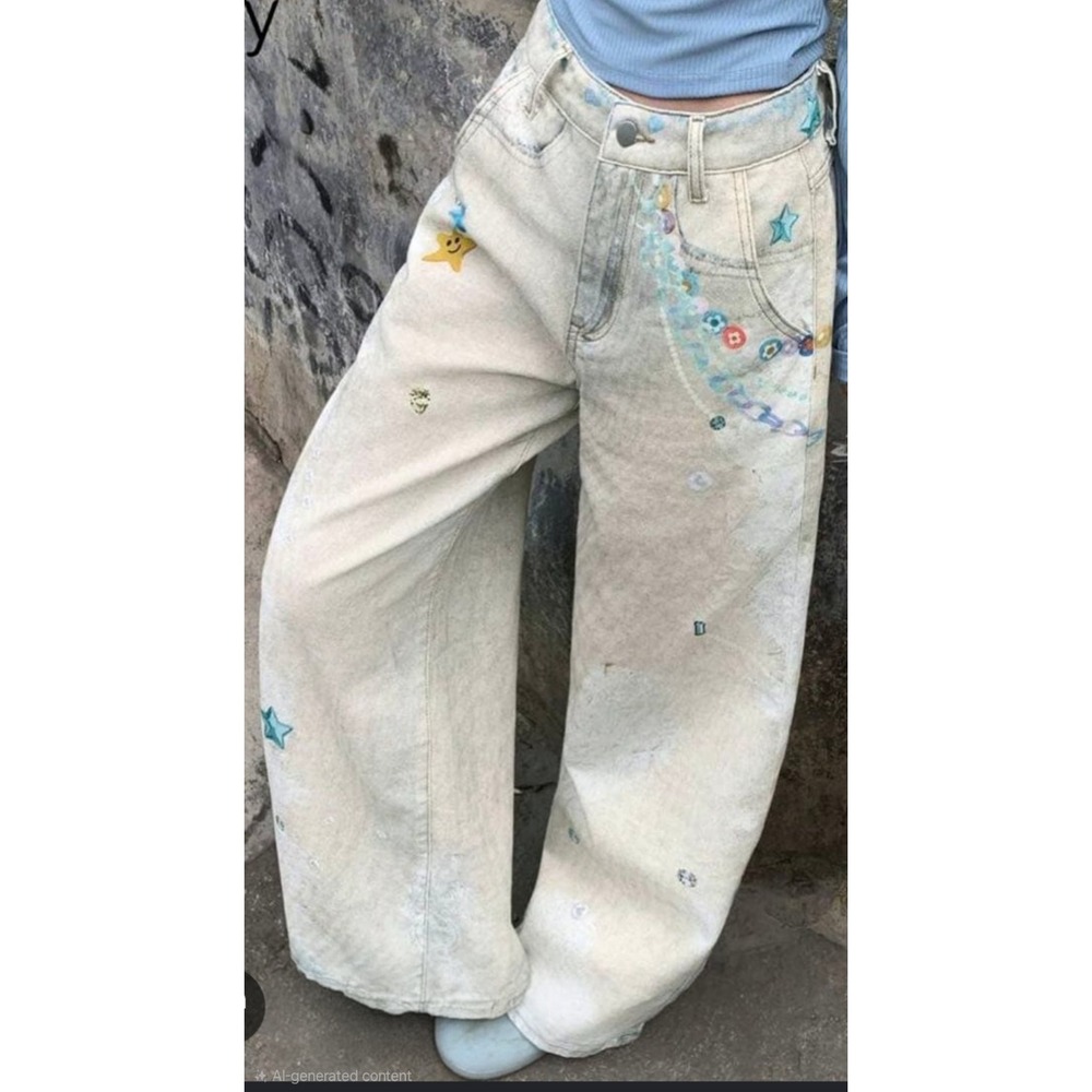 Dazy Women Light Wash Wide Leg Graphic Print Jeans Stars Y2K Streetwear Size L